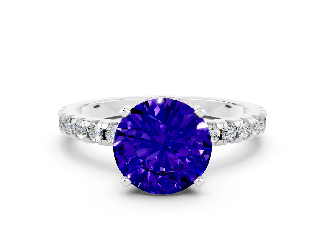 White gold Round Cut Tanzanite Solitaire Ring with Round  Pavé Band and Four-Prong Setting_48