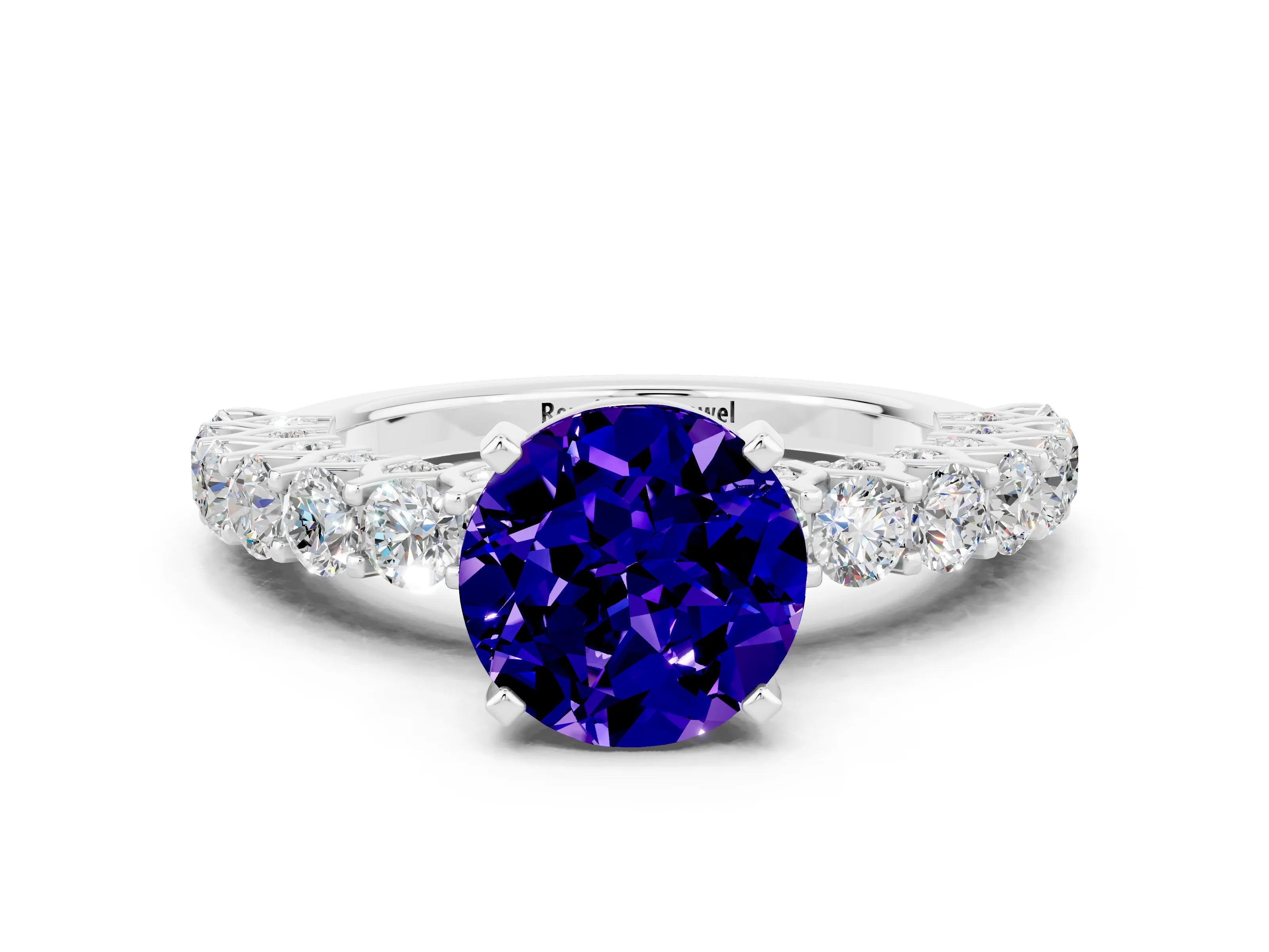 White gold Round Cut Tanzanite Solitaire Ring with Shared Prong Pavé Band and Four-Prong Setting