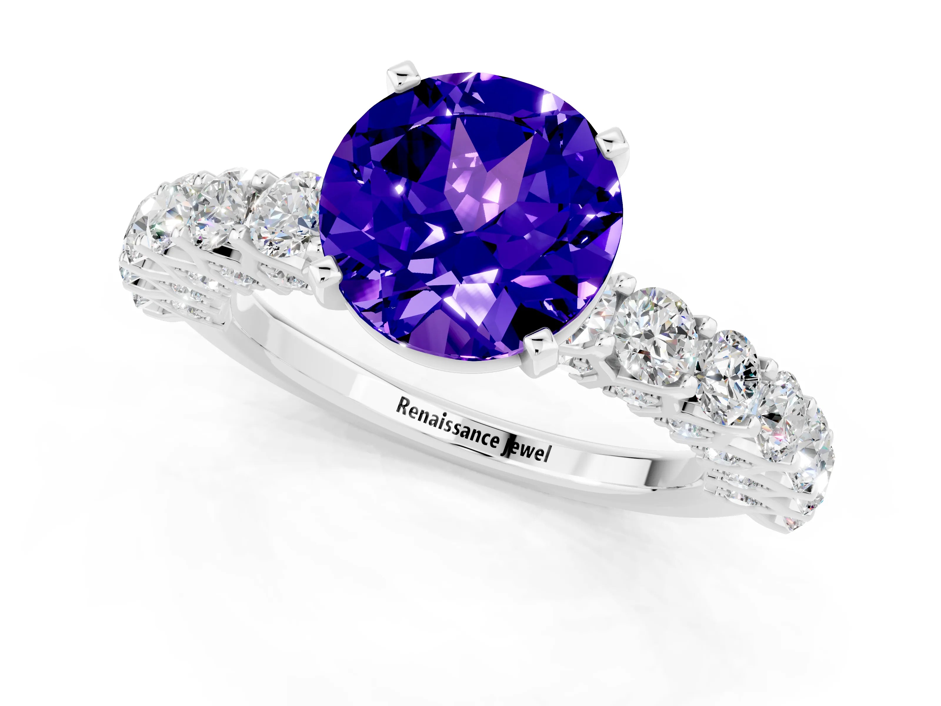 White gold Round Cut Tanzanite Solitaire Ring with Shared Prong Pavé Band and Four-Prong Setting_1
