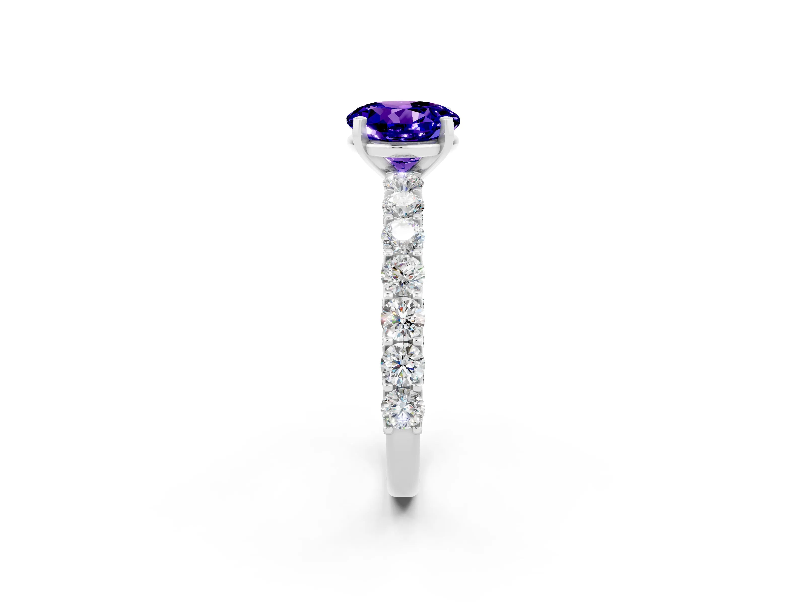 White gold Round Cut Tanzanite Solitaire Ring with Shared Prong Pavé Band and Four-Prong Setting_2