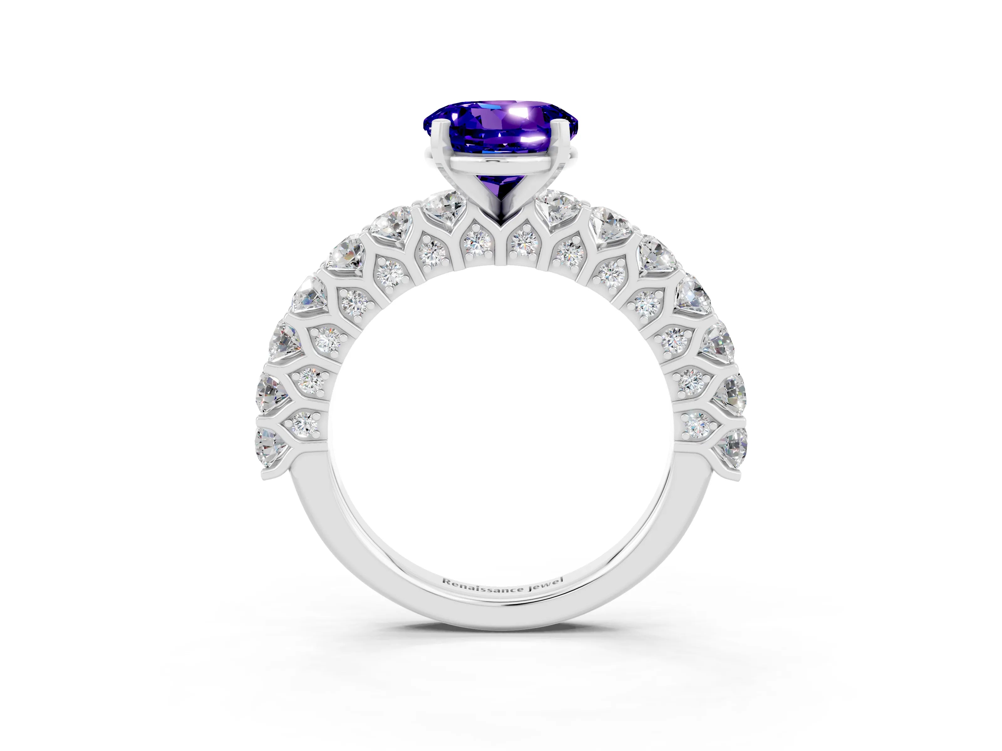 White gold Round Cut Tanzanite Solitaire Ring with Shared Prong Pavé Band and Four-Prong Setting_3