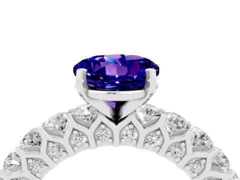 White gold Round Cut Tanzanite Solitaire Ring with Shared Prong Pavé Band and Four-Prong Setting_4