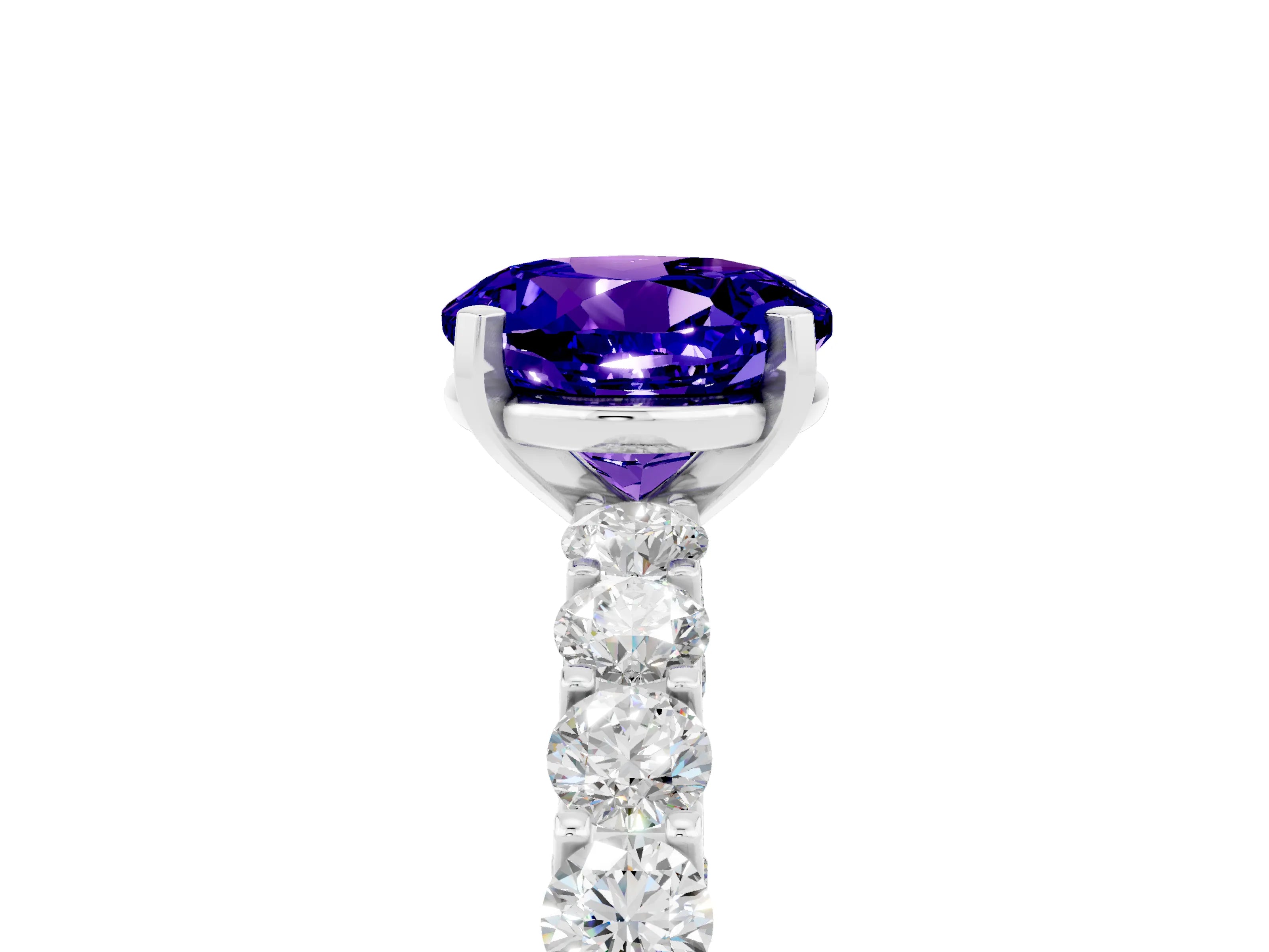 White gold Round Cut Tanzanite Solitaire Ring with Shared Prong Pavé Band and Four-Prong Setting_5