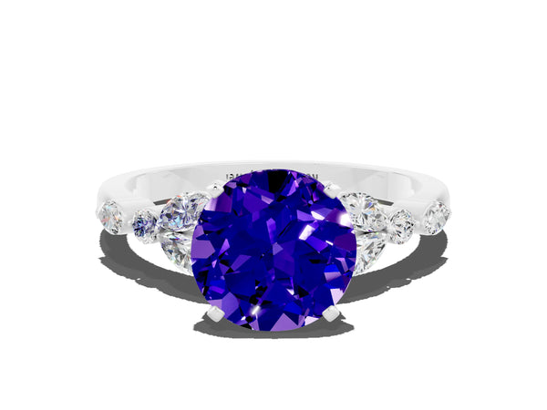Platinum Round Cut Tanzanite Solitaire Ring with Side Stones and Four-Prong Setting