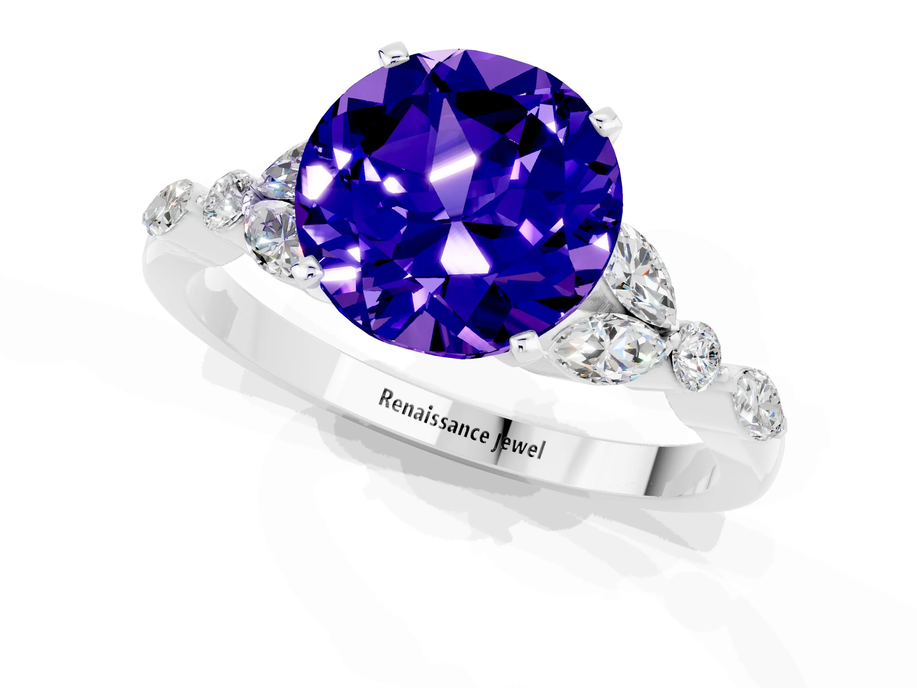 White gold Round Cut Tanzanite Solitaire Ring with Side Stones and Four-Prong Setting_47