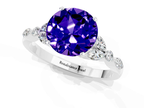 White gold Round Cut Tanzanite Solitaire Ring with Side Stones and Four-Prong Setting