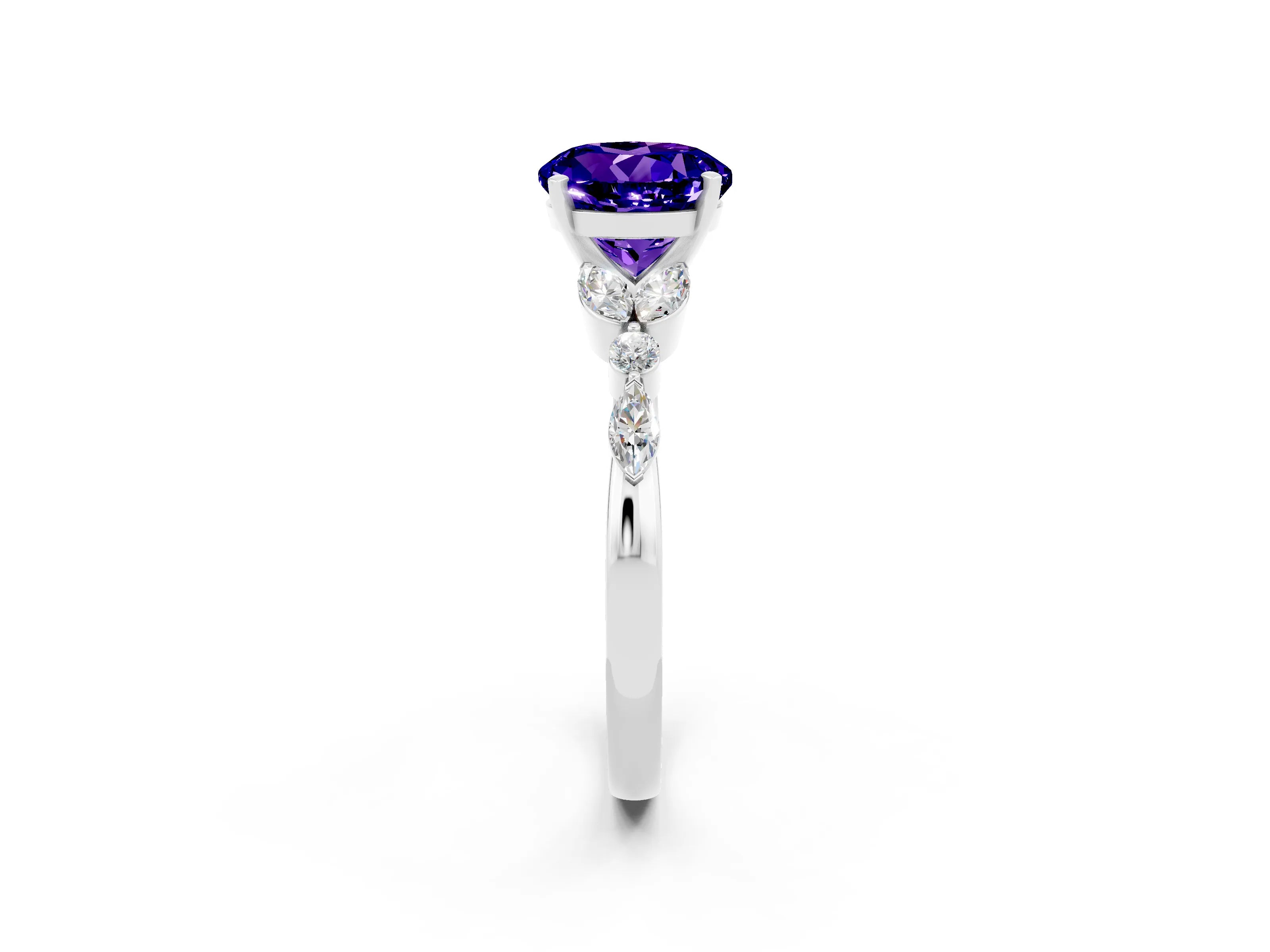 White gold Round Cut Tanzanite Solitaire Ring with Side Stones and Four-Prong Setting_48