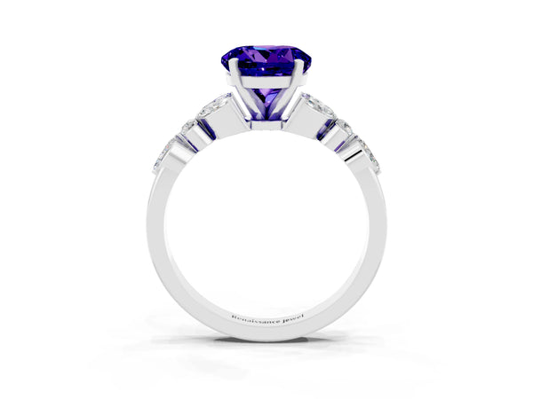 White gold Round Cut Tanzanite Solitaire Ring with Side Stones and Four-Prong Setting