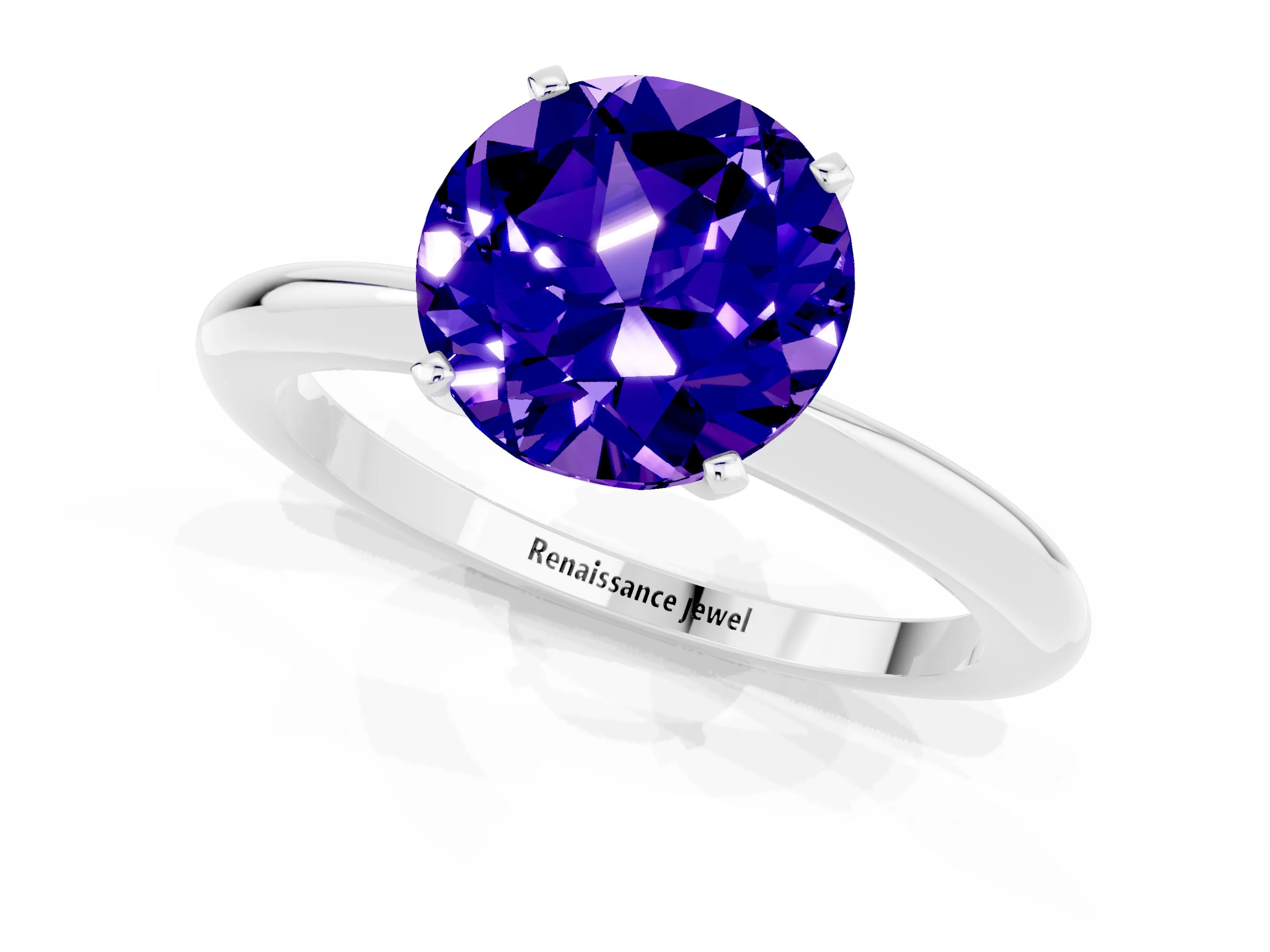 White gold Round Cut Tanzanite Solitaire Ring with Six-Prong Setting and Classic Band_1