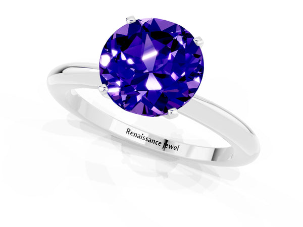 Silver Round Cut Tanzanite Solitaire Ring with Six-Prong Setting and Classic Band