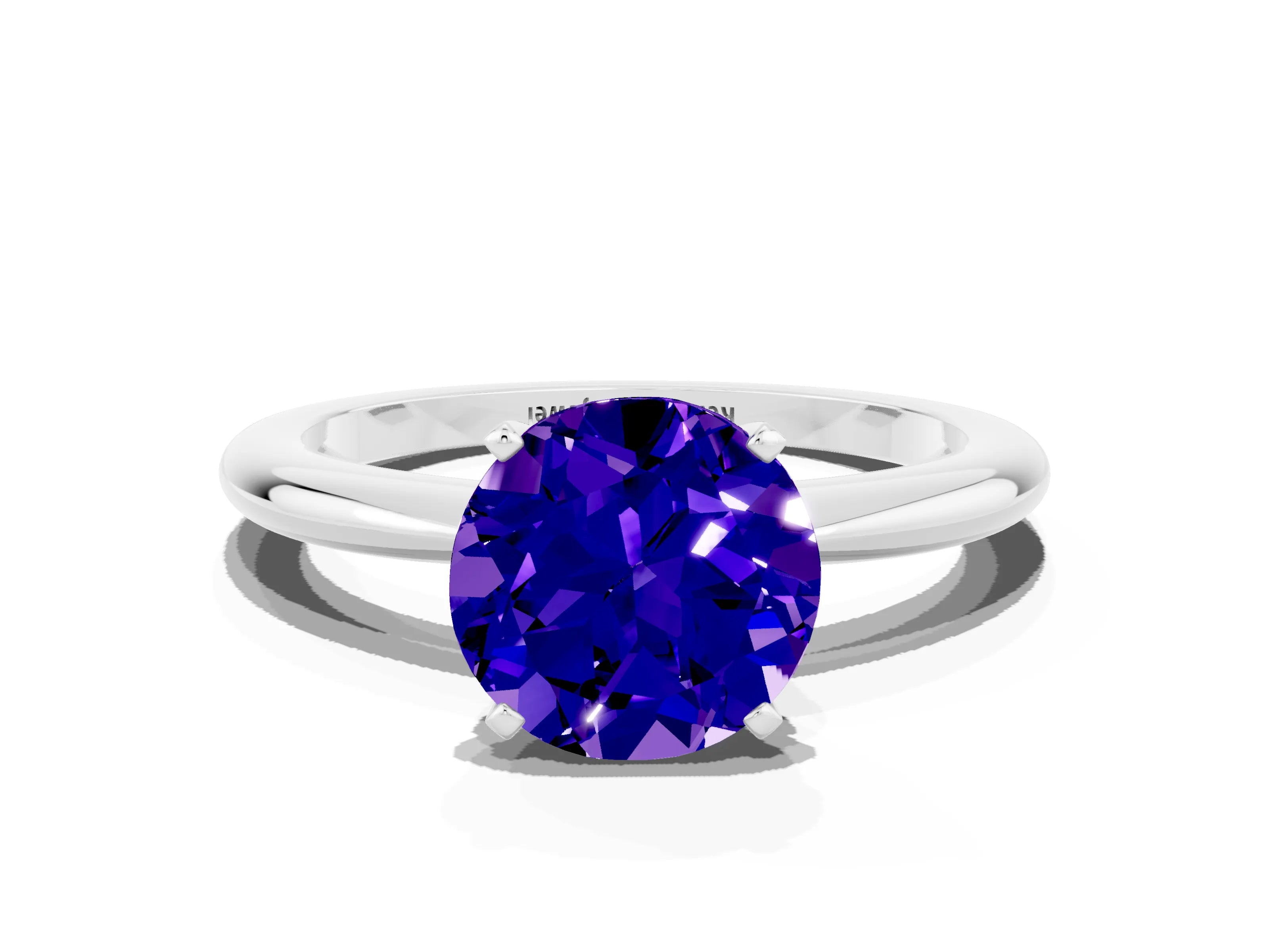 White gold Round Cut Tanzanite Solitaire Ring with Six-Prong Setting and Classic Band