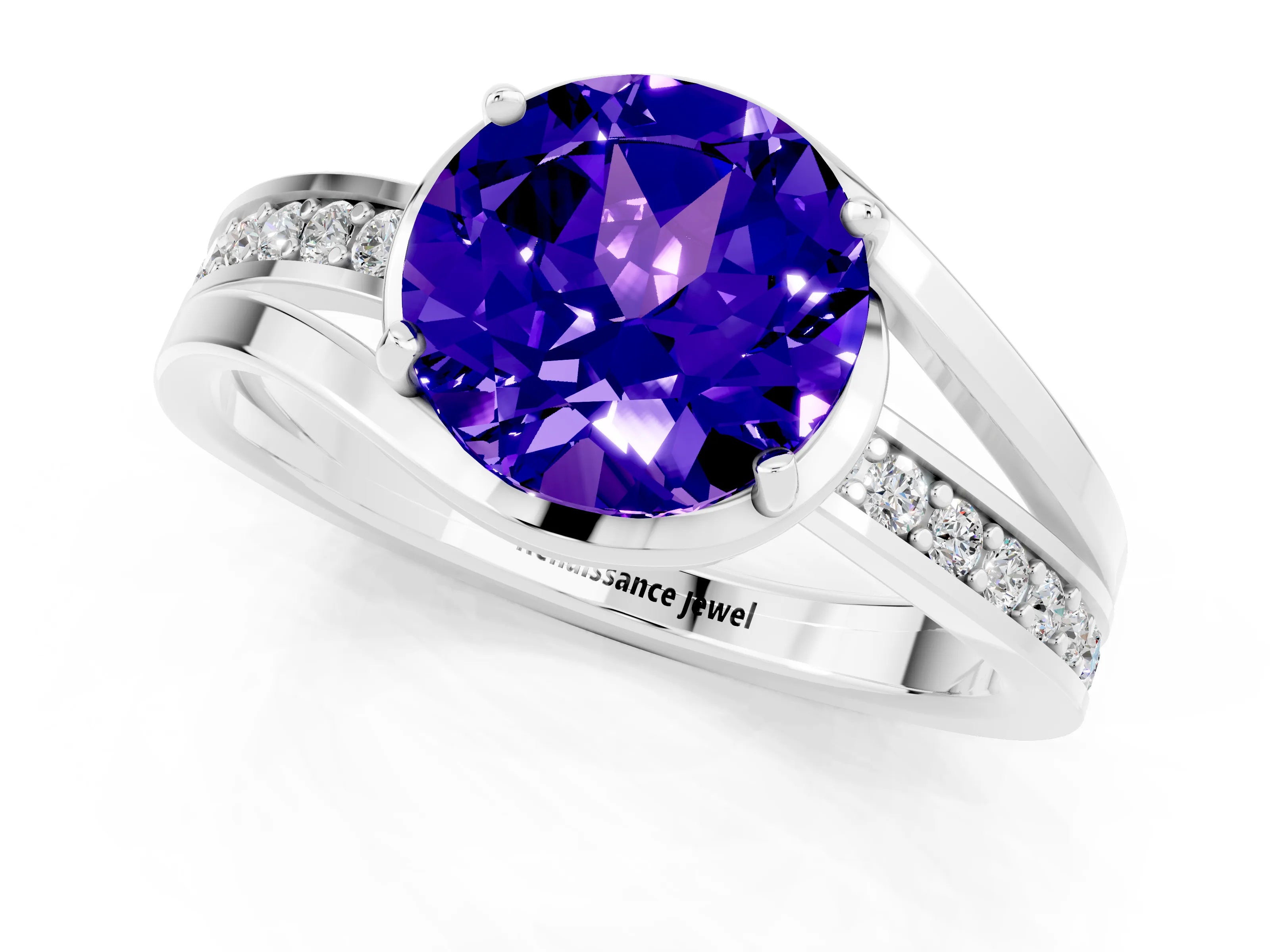 White gold Round Cut Tanzanite Solitaire Ring with Split Shank and Prong Setting_1