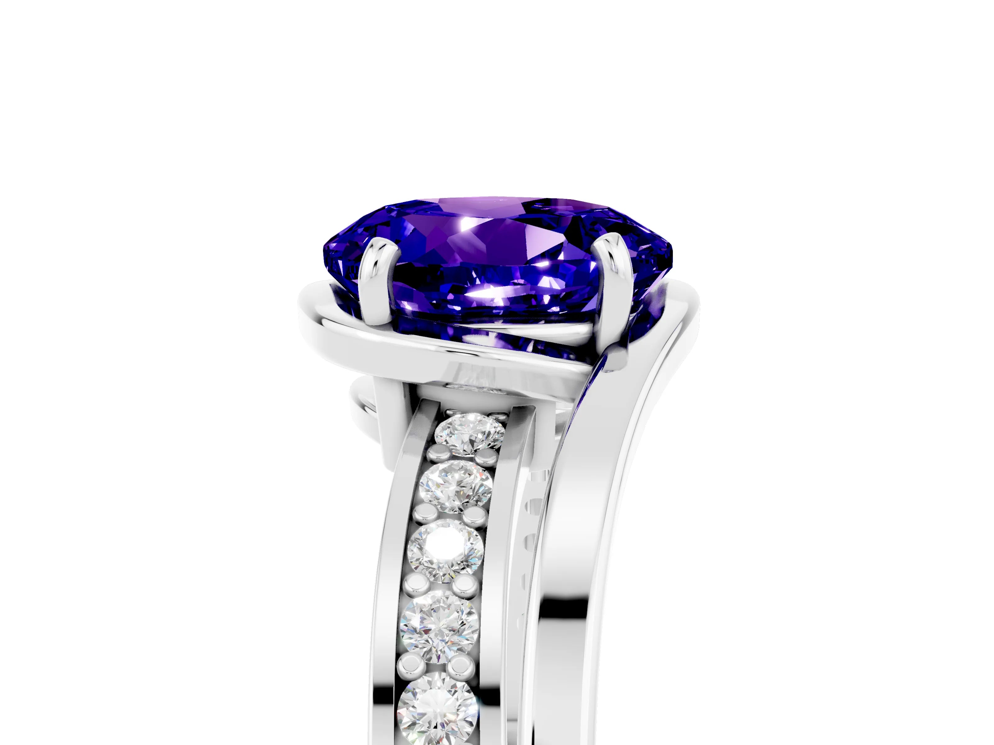 White gold Round Cut Tanzanite Solitaire Ring with Split Shank and Prong Setting_5