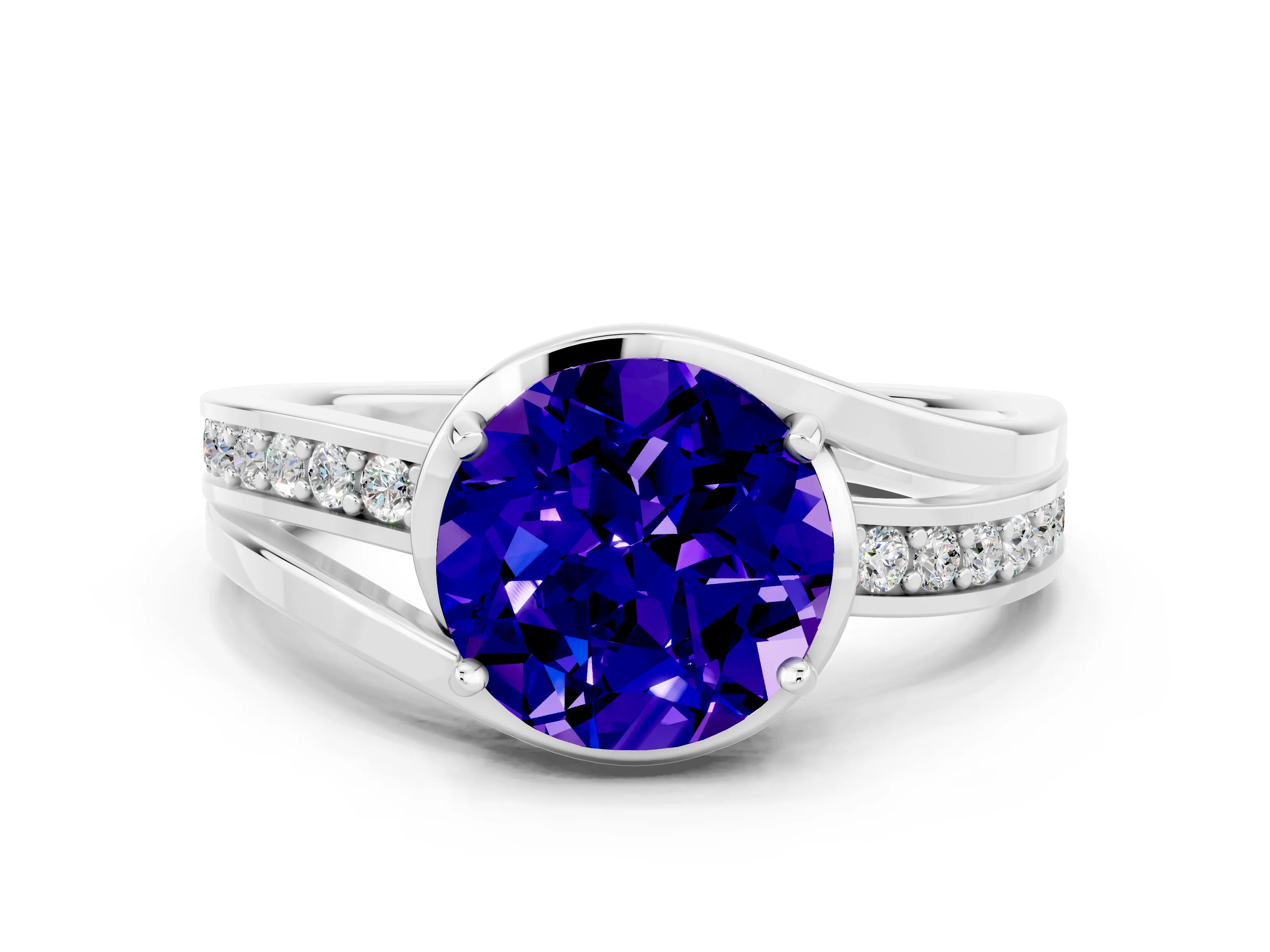 White gold Round Cut Tanzanite Solitaire Ring with Split Shank and Prong Setting