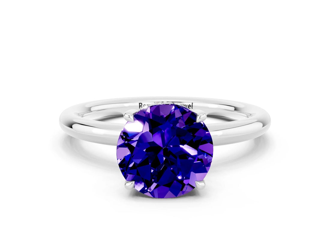 White gold Round Cut Tanzanite Solitaire Ring with Thin Band and Four-Prong Setting_12