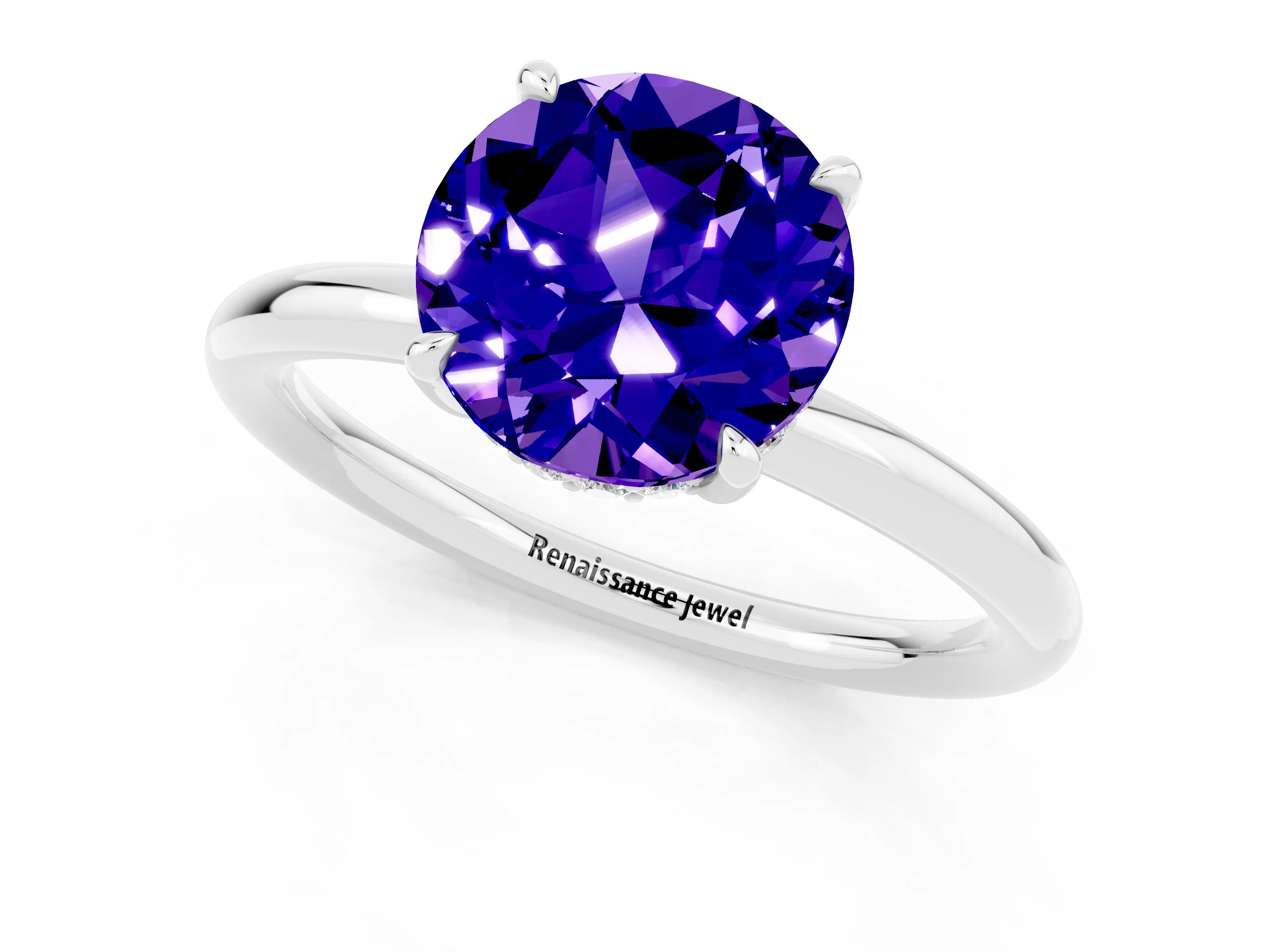 White gold Round Cut Tanzanite Solitaire Ring with Thin Band and Four-Prong Setting_13