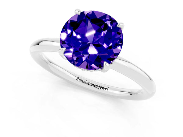 White gold Round Cut Tanzanite Solitaire Ring with Thin Band and Four-Prong Setting