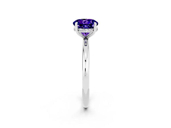 White gold Round Cut Tanzanite Solitaire Ring with Thin Band and Four-Prong Setting