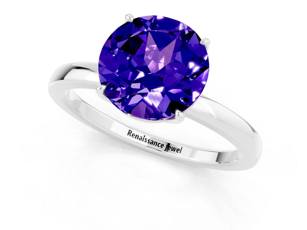 Silver Round Cut Tanzanite Solitaire Ring with Thin Band and Prong Setting