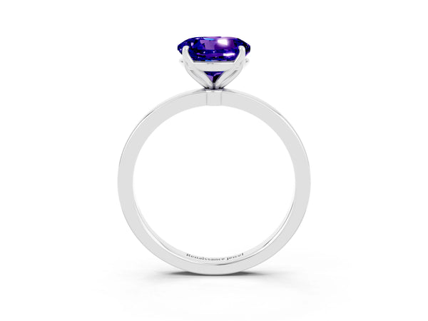 Silver Round Cut Tanzanite Solitaire Ring with Thin Band and Prong Setting