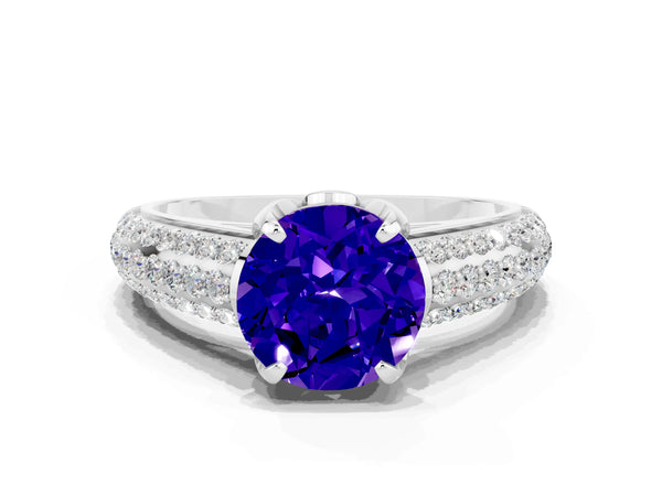 Silver Round Cut Tanzanite Solitaire Ring with Three-Row Pavé Band and Four-Prong Setting