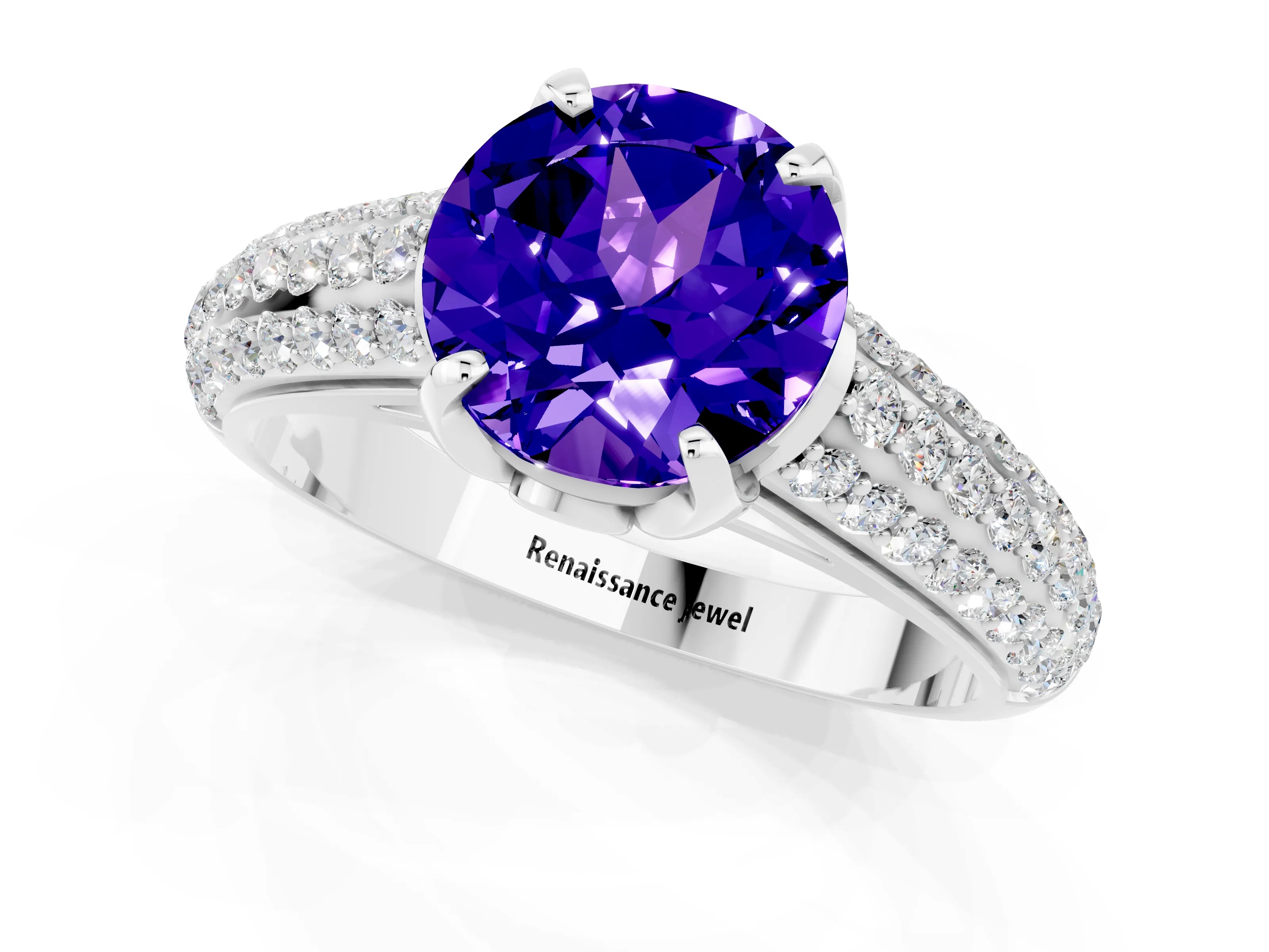 White gold Round Cut Tanzanite Solitaire Ring with Three-Row Pavé Band and Four-Prong Setting_13