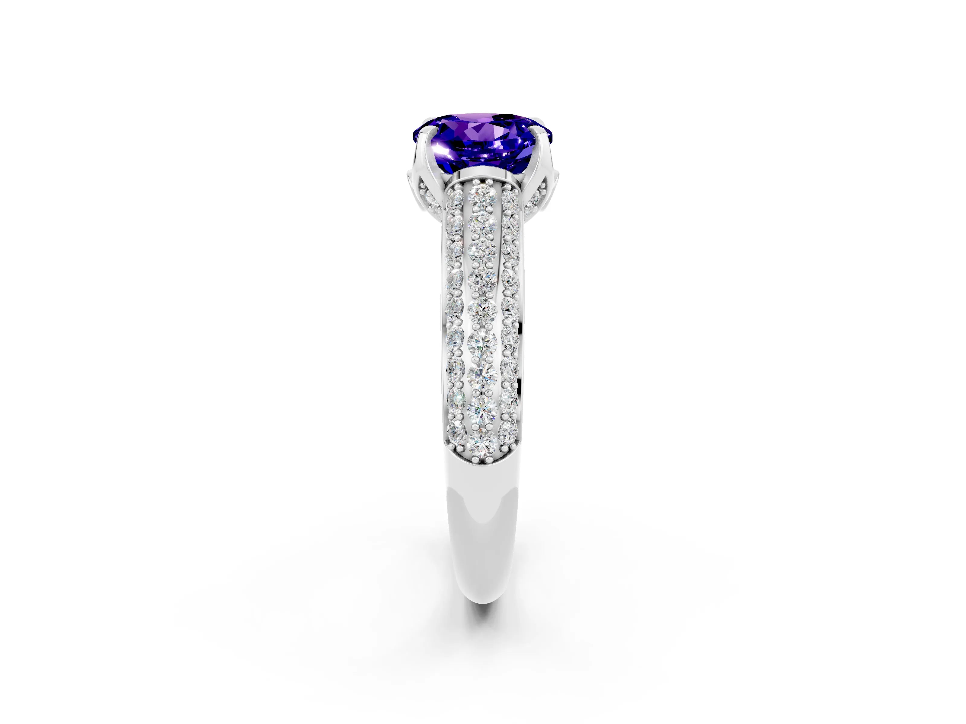 White gold Round Cut Tanzanite Solitaire Ring with Three-Row Pavé Band and Four-Prong Setting_14