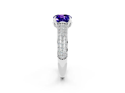 White gold Round Cut Tanzanite Solitaire Ring with Three-Row Pavé Band and Four-Prong Setting_14