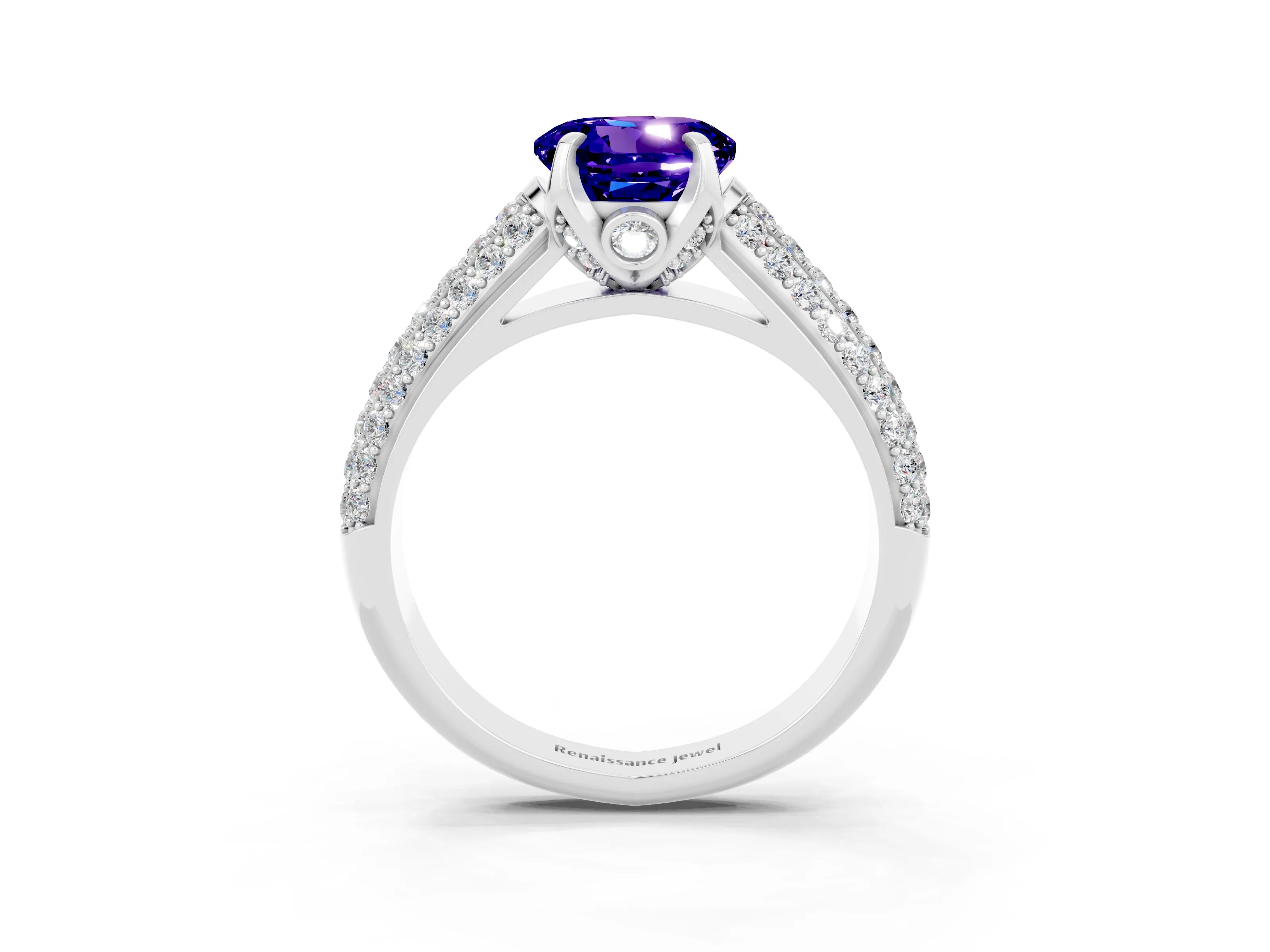 White gold Round Cut Tanzanite Solitaire Ring with Three-Row Pavé Band and Four-Prong Setting_15
