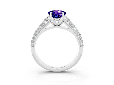White gold Round Cut Tanzanite Solitaire Ring with Three-Row Pavé Band and Four-Prong Setting_15