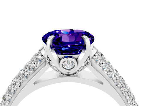 White gold Round Cut Tanzanite Solitaire Ring with Three-Row Pavé Band and Four-Prong Setting_16