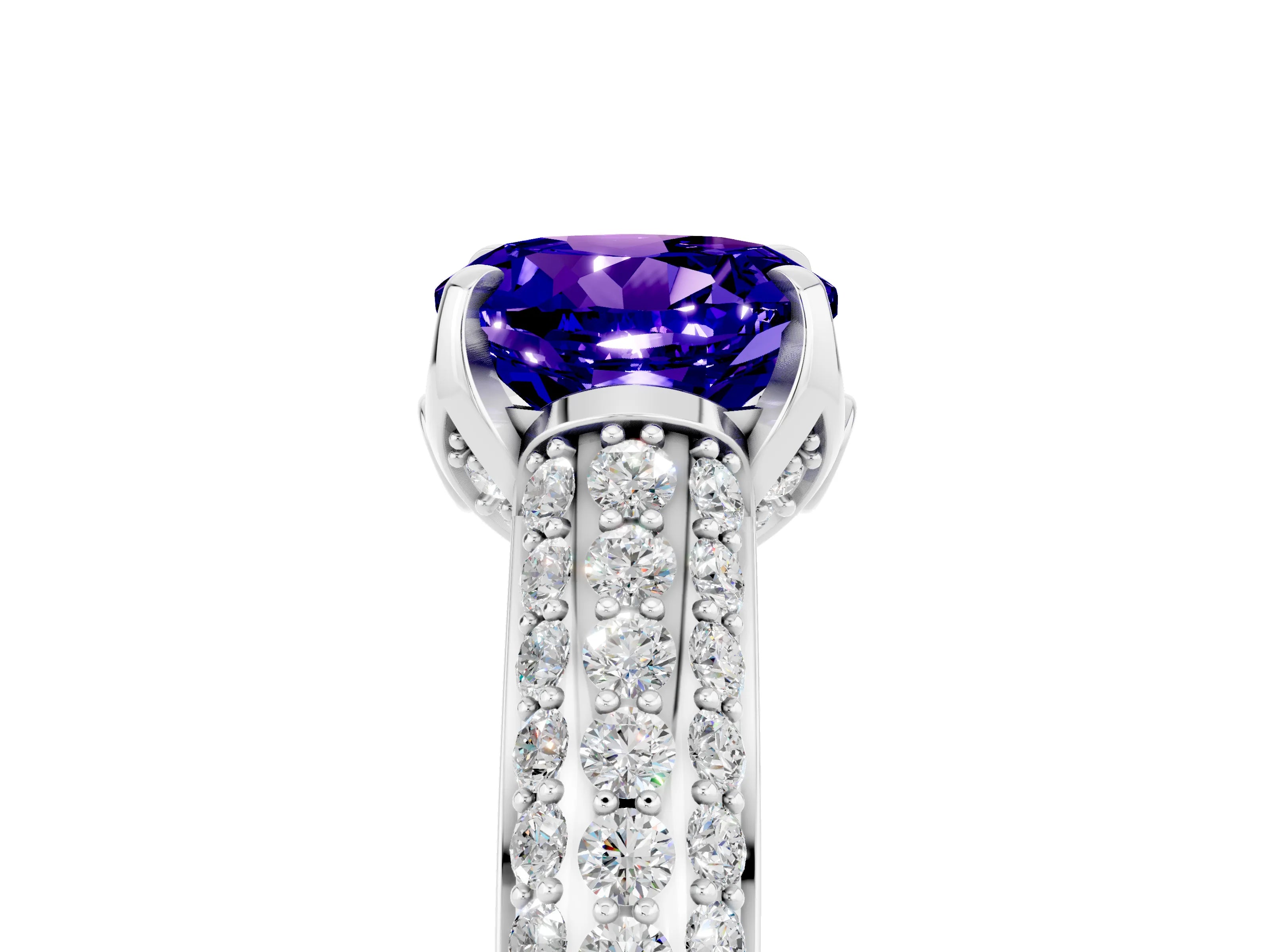 White gold Round Cut Tanzanite Solitaire Ring with Three-Row Pavé Band and Four-Prong Setting_17