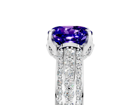 White gold Round Cut Tanzanite Solitaire Ring with Three-Row Pavé Band and Four-Prong Setting_17