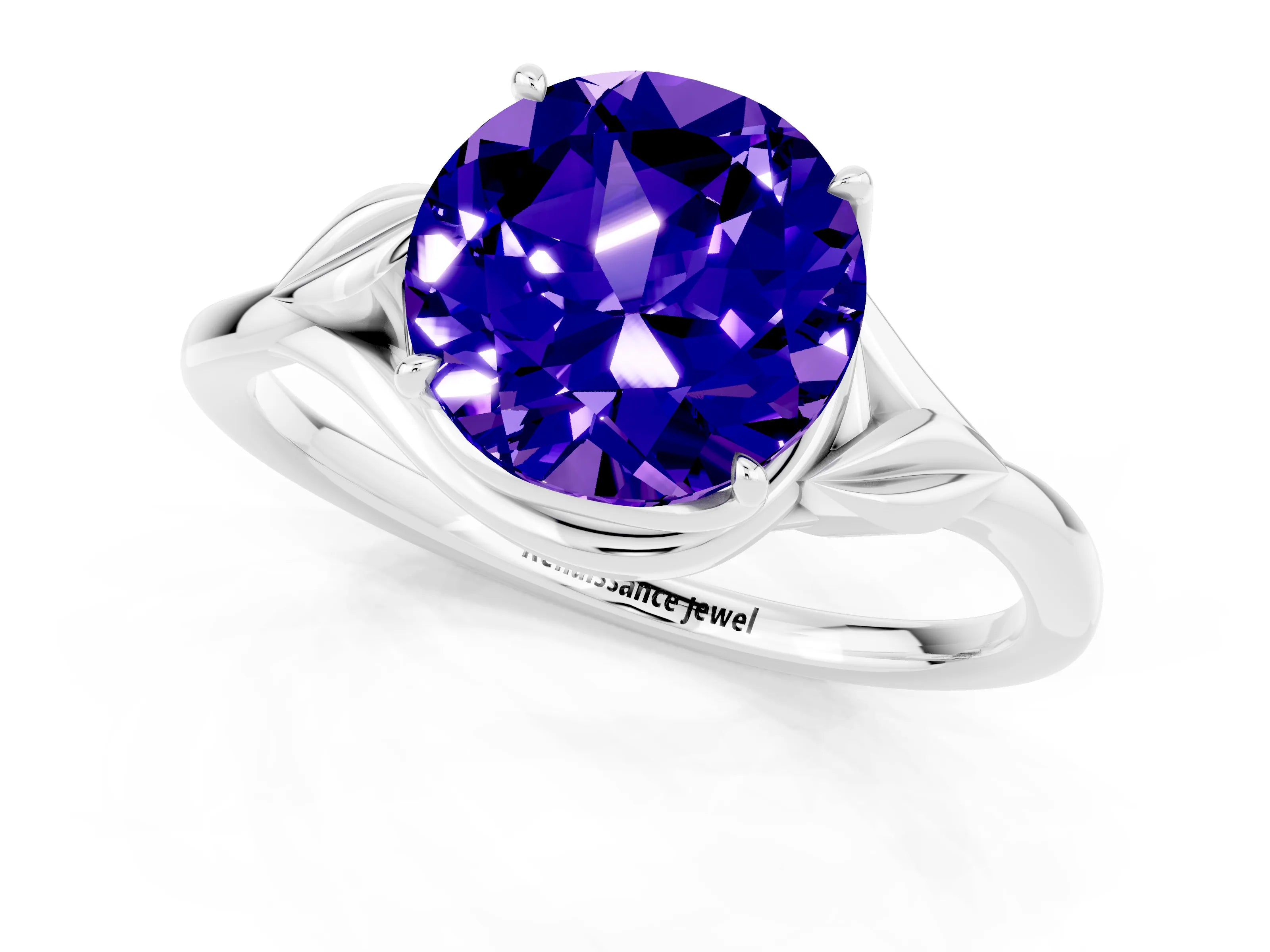 White gold Round Cut Tanzanite Solitaire Ring with Twist Band and Four-Prong Setting_13