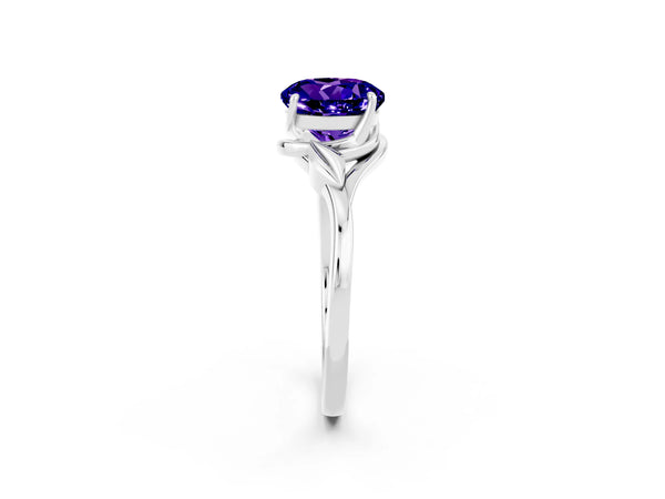 White gold Round Cut Tanzanite Solitaire Ring with Twist Band and Four-Prong Setting