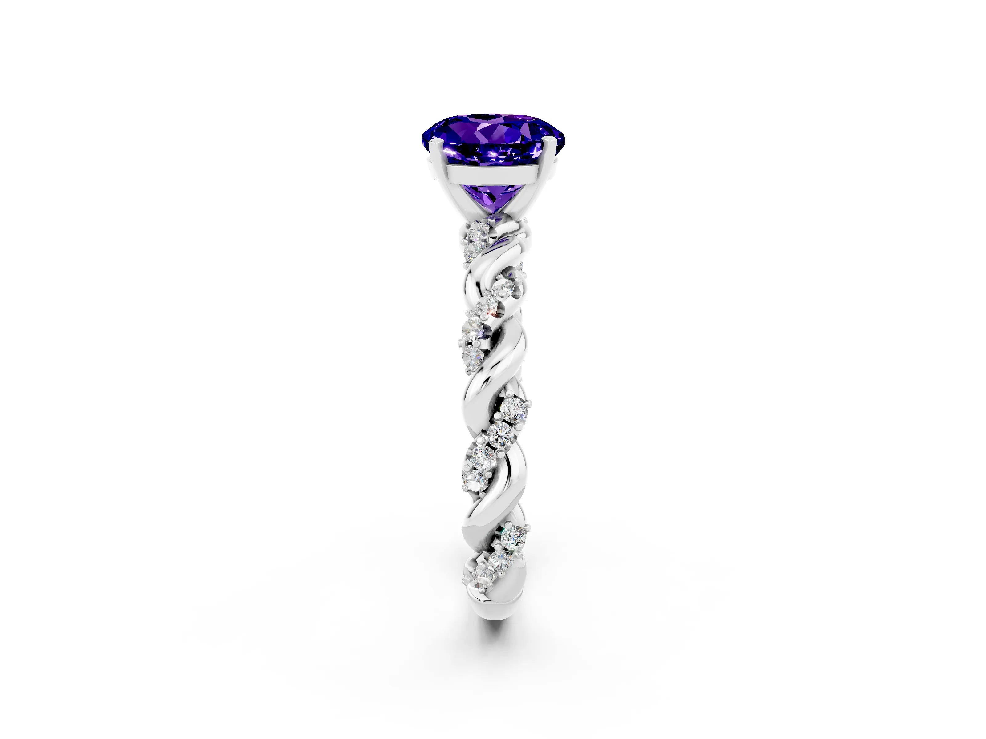 White gold Round Cut Tanzanite Solitaire Ring with Twisted Band and Pavé Accents_2