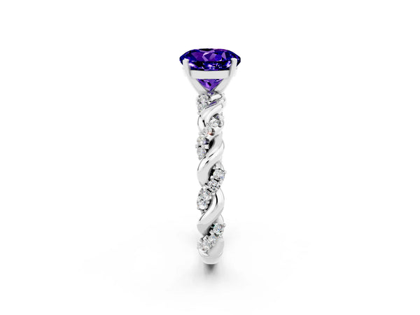 White gold Round Cut Tanzanite Solitaire Ring with Twisted Band and Pavé Accents