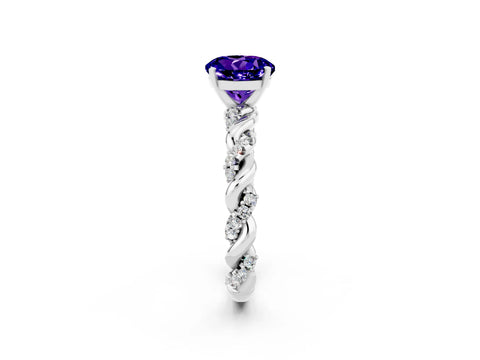 White gold Round Cut Tanzanite Solitaire Ring with Twisted Band and Pavé Accents_2