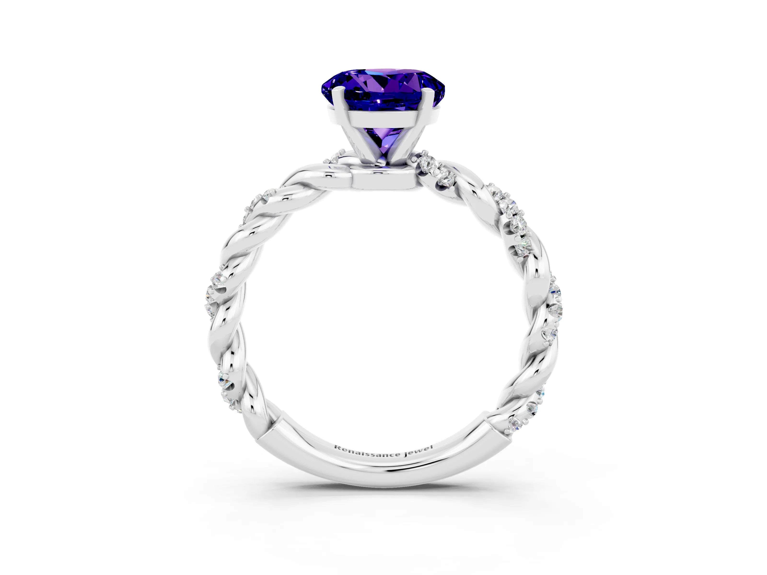 White gold Round Cut Tanzanite Solitaire Ring with Twisted Band and Pavé Accents_3