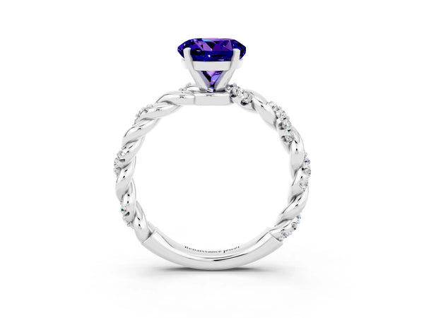 Silver Round Cut Tanzanite Solitaire Ring with Twisted Band and Pavé Accents