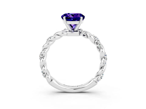 White gold Round Cut Tanzanite Solitaire Ring with Twisted Band and Pavé Accents_3