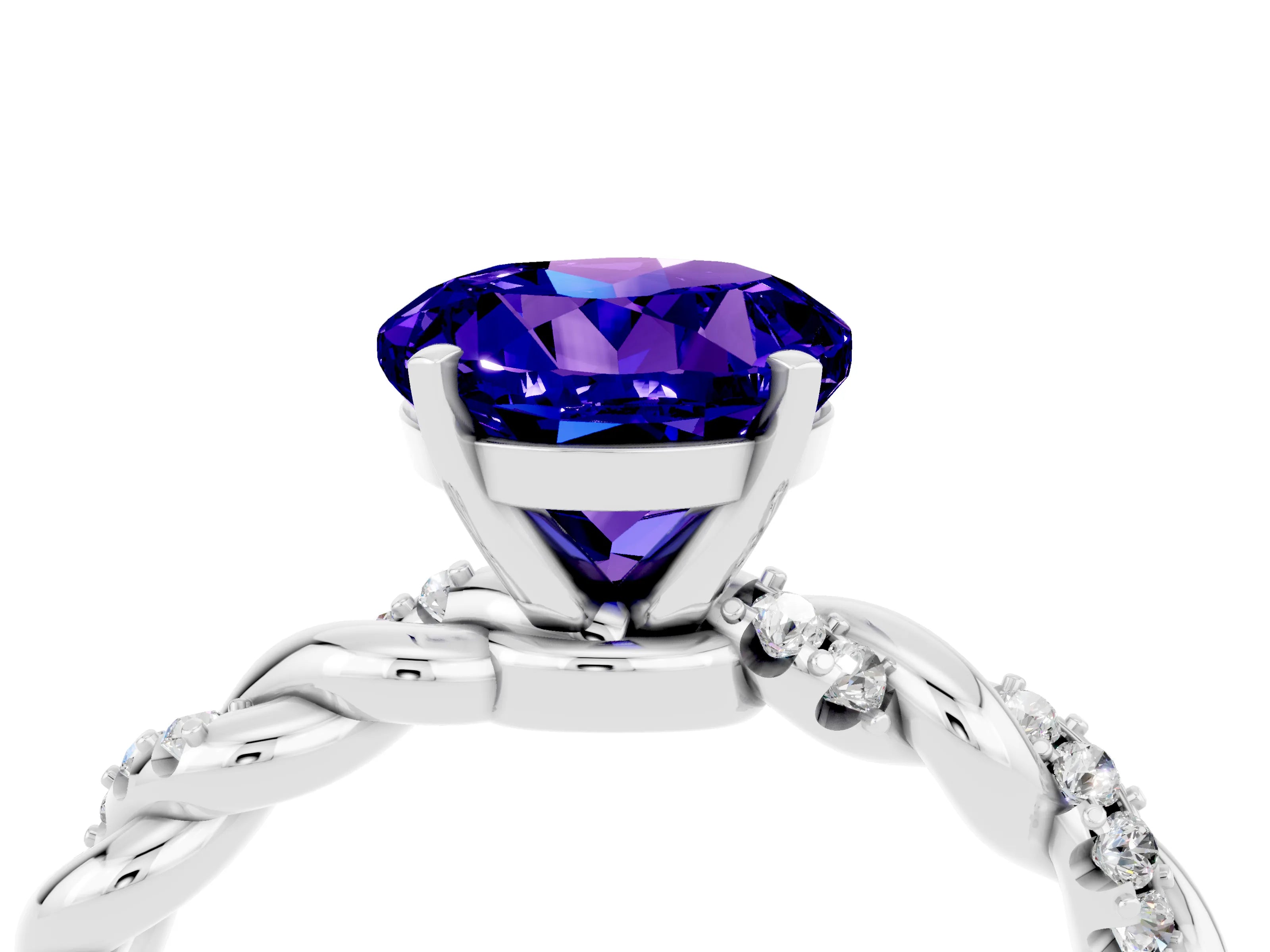 White gold Round Cut Tanzanite Solitaire Ring with Twisted Band and Pavé Accents_4