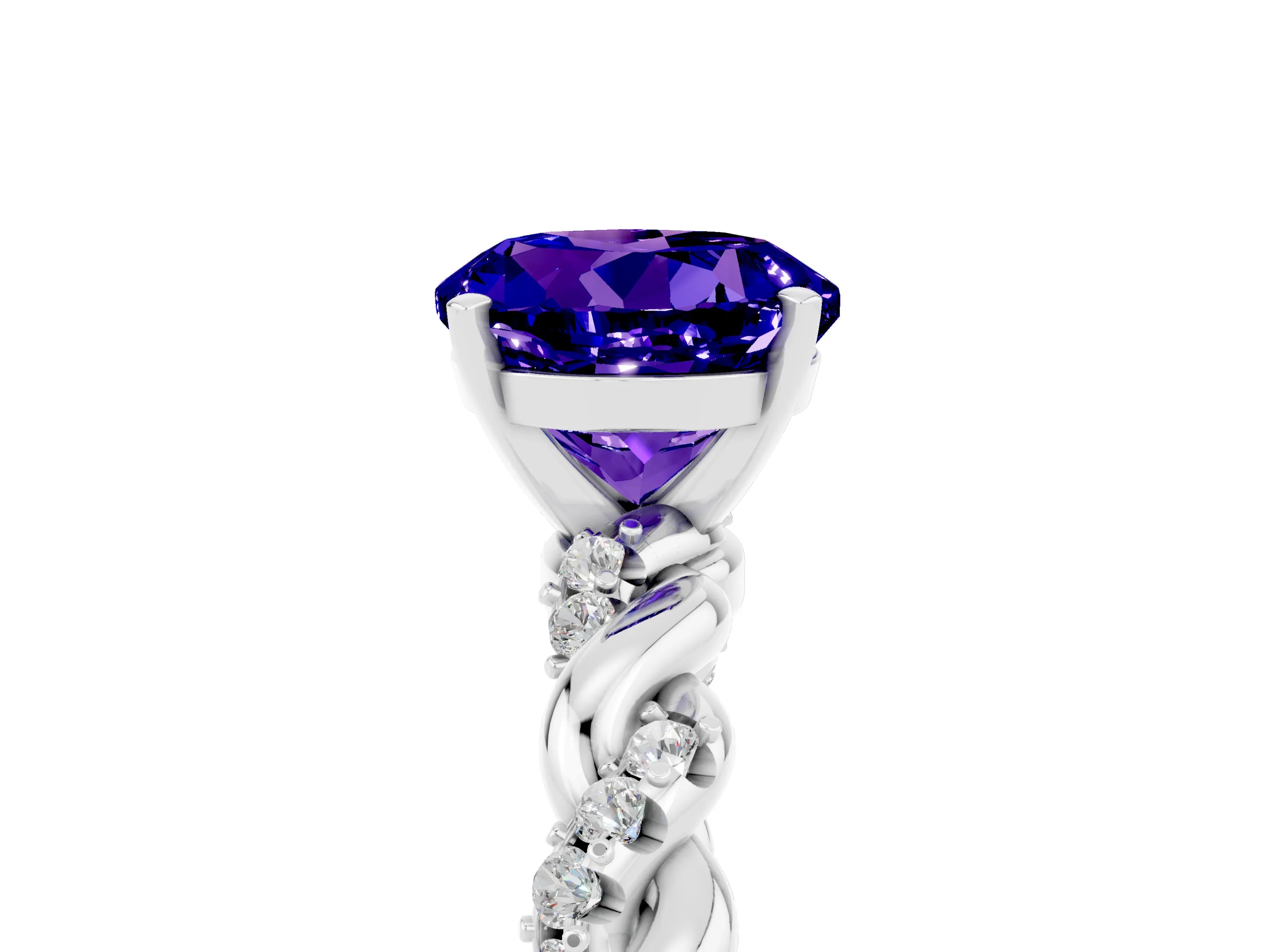 White gold Round Cut Tanzanite Solitaire Ring with Twisted Band and Pavé Accents_5