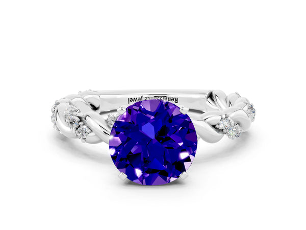 White gold Round Cut Tanzanite Solitaire Ring with Twisted Band and Pavé Accents