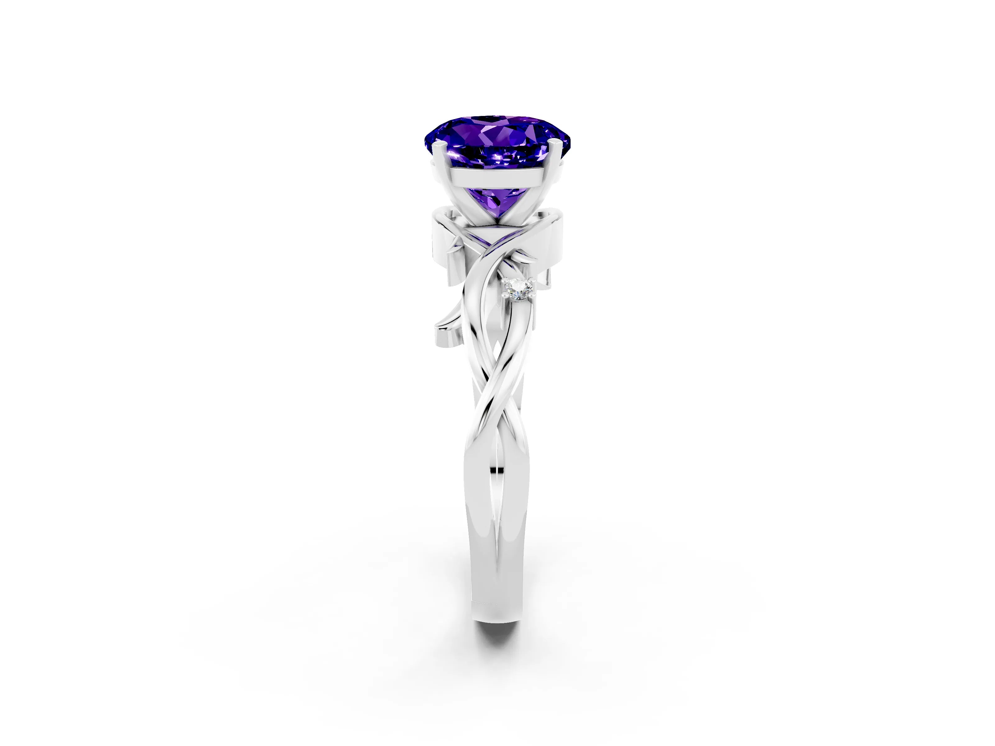 White gold Round Cut Tanzanite Solitaire Ring with Twisted Band and Prong Setting_14