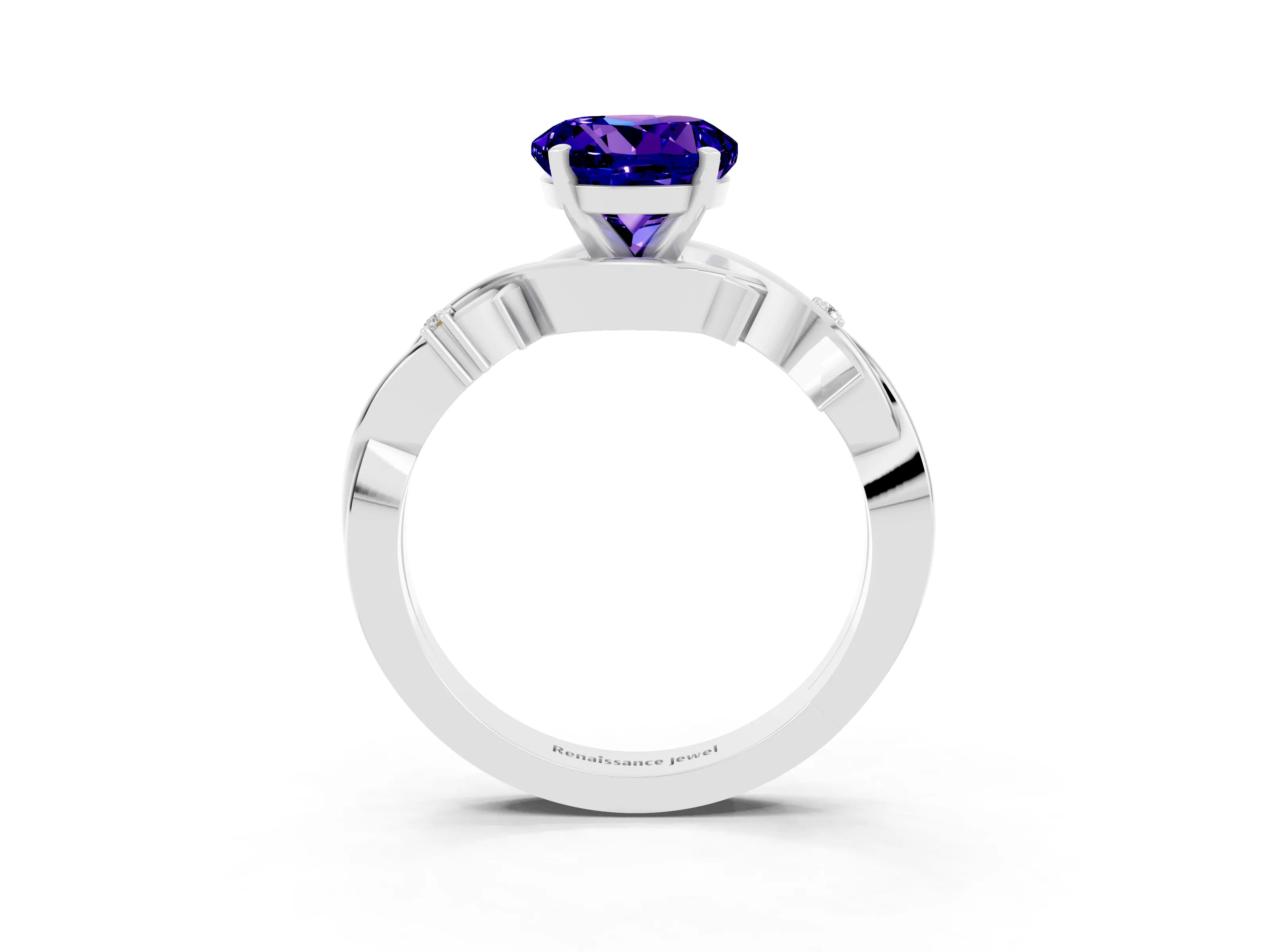 White gold Round Cut Tanzanite Solitaire Ring with Twisted Band and Prong Setting_3