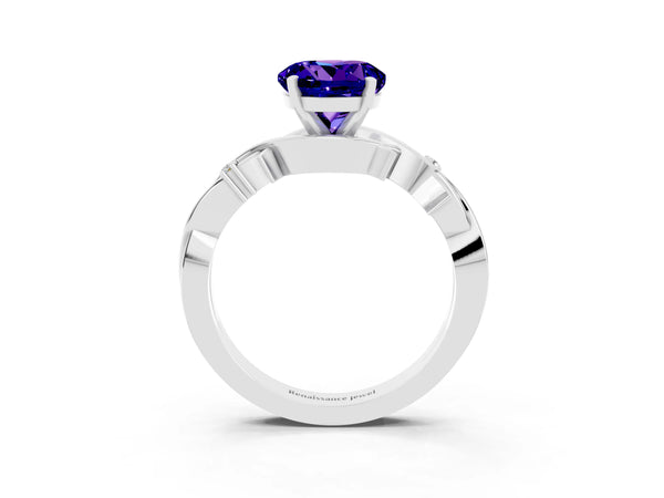 Silver Round Cut Tanzanite Solitaire Ring with Twisted Band and Prong Setting