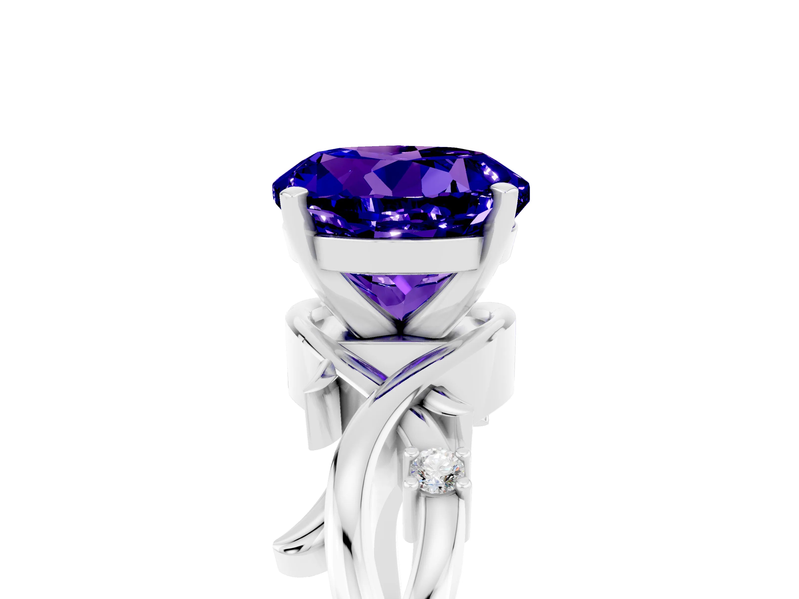White gold Round Cut Tanzanite Solitaire Ring with Twisted Band and Prong Setting_5