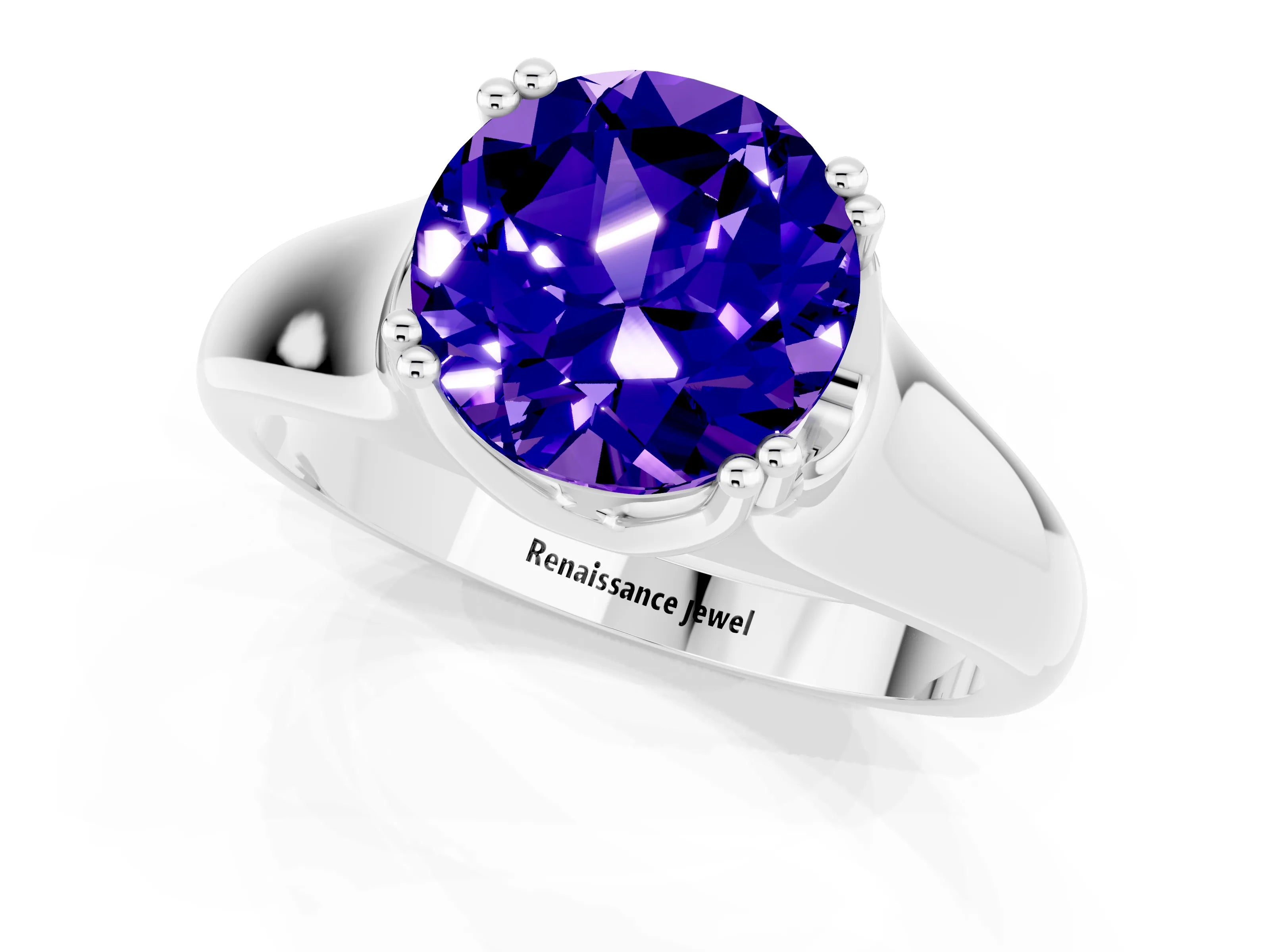 White gold Round Cut Tanzanite Solitaire Ring with Wide Band and Prong Setting_1