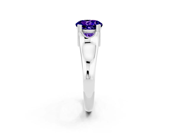 Silver Round Cut Tanzanite Solitaire Ring with Wide Band and Prong Setting